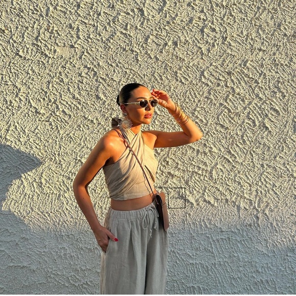 ZARA 2 PIECE LINEN HALTER TOP AND PALAZZO PANTS - Picture 6 of 8